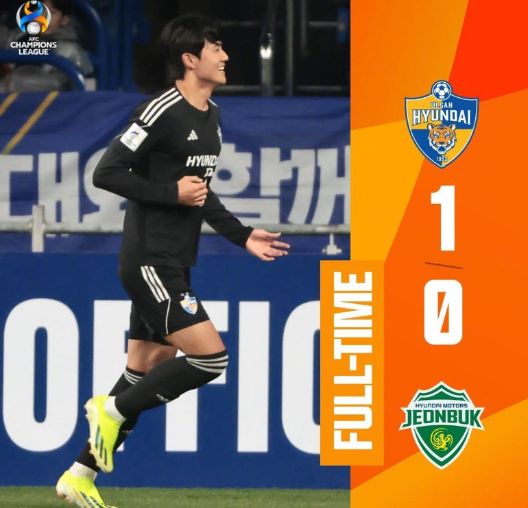 亚冠-蔚山1-0战胜全北，总比分2-1晋级亚冠4强，薛英佑制胜