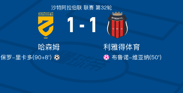 沙特联-哈森姆1-1利雅得体育，保罗-里卡多破门