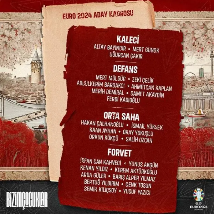 欧洲杯-土耳其26人大名单：恰尔汗奥卢、居莱尔领衔，切利克、柯克曲入选